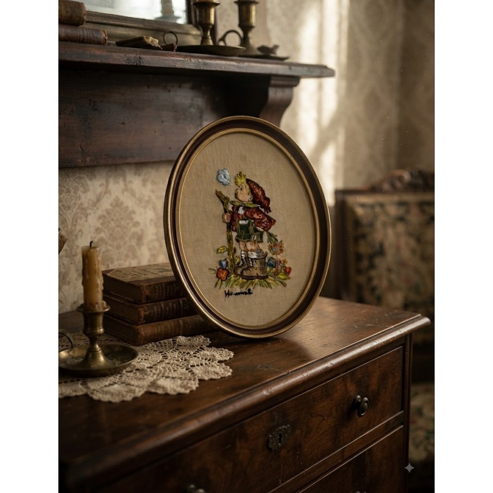 Vintage Hummel Little Hiker Needlepoint Framed Art Happy Go Lucky 13x11 Oval